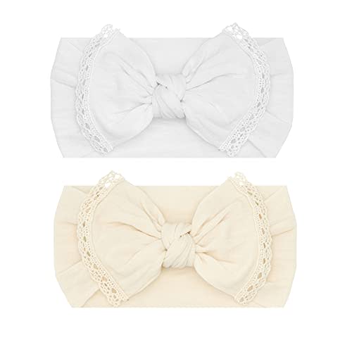 Baby Bling Bows - Newborn to Little Baby Girl Bows, 2 Pack Nylon Super Soft Stretchy Knot Toddler Headbands, Perfect Hair Accessories Head Bands for Infant Kids(White & Oat)