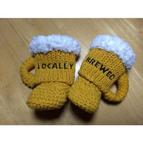 Embroidered Beer Mug Baby Booties: Brewing Theme, Cotton Knit