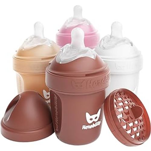 Herobility Double Anti-Colic Baby Bottles – 5 fl oz/140ml – 4-Pack – Multicolor – Sand, Woodchuck, Pink, White