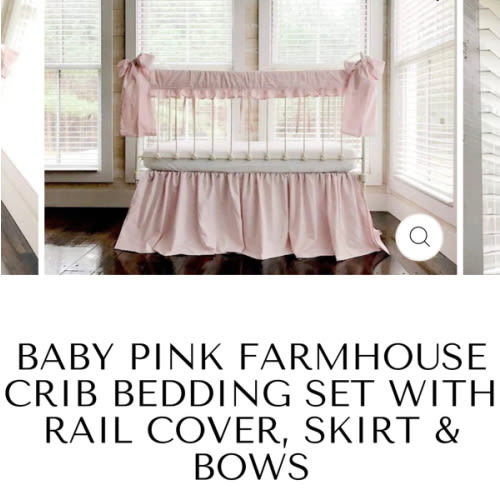 Baby Pink Farmhouse Crib Bedding Set with Rail Cover, Skirt & Bows