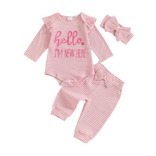 Newborn Baby Girl Fall Winer Clothes Ruffles Striped Long Sleeve Romper Pants Headband Set 3Pcs Cute Infant Outfits