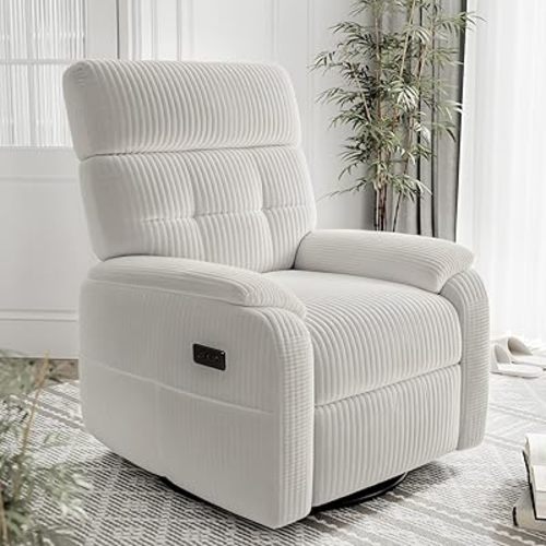 Claiks Power Swivel Rocker Recliner Chair, Oversized Recliner Chairs for Adults, Corduroy Overstuffed Reclining Chair with USB and Type-C Ports for Living Room, White