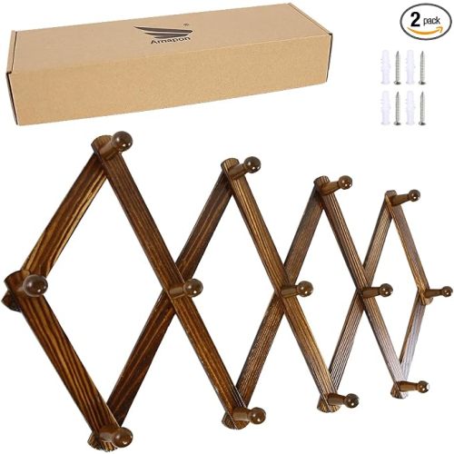 AMAPON Accordion Style Expandable Wall Wooden Coat Rack 13 Hooks (Pegs) Hang Hats Jackets Coffee Mug Purses Necklaces Towels Cap Leash Scarves Data Line Kitchenware (Walnut 2 Packs)