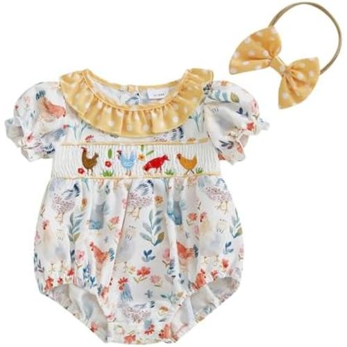 Newborn Baby Girl Farm Clothes Chicken Embroidey Bubble Smocked Romper Plaid Bowknot Western Country Bodysuit Shirt
