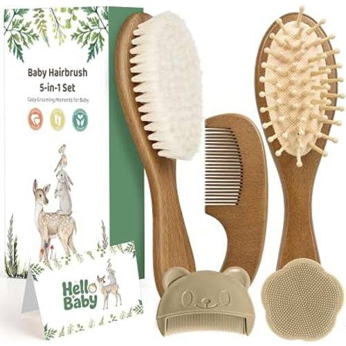 Amazon.com: 5 Piece Baby Hair Brush Set, Wooden Baby Brush and Comb Set with Natural Soft Goat Hair Bristles, Cradle Cap Brush, Baby Essentials Grooming Kit for Boy Girl