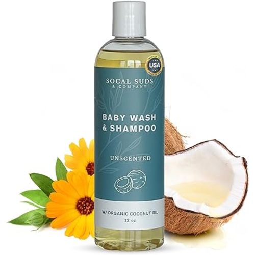 SoCal Suds & Company - 2-in-1 Organic Gel Baby Shampoo & Body Wash - Gentle Natural Vitamin Organic Oils Castile Soap - Soothing Botanicals for Sensitive Skin Cleansing Hair & Body - Unscented, 12oz