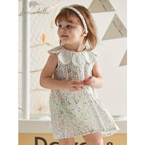 4-5 DAVE&BELLA Girls' Summer Floral Cotton Dress - Sleeveless Princess Skirt with 3D Flower Embellishments & Ruffle Neckline, A-Line Lightweight Woven Fabric, Breathable & Slight Stretch for & Kids, Hand Wash Only, Kids Event Wear | Soft Stretch Material,