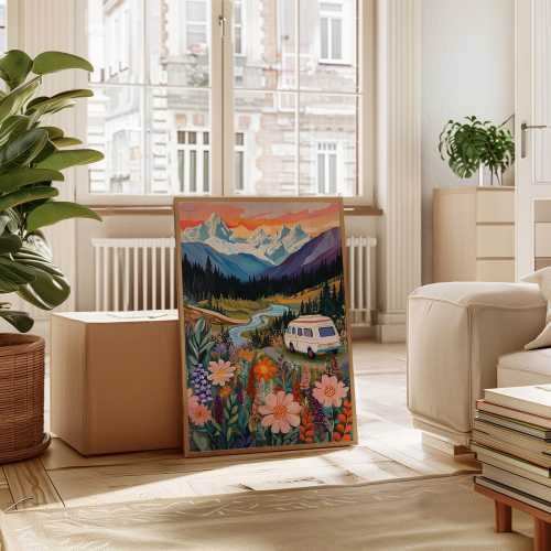 Colorful Mountain Camper Van Canvas Art | Vibrant Wildflower Landscape with River and Snowy Peaks | Nature Adventure Wall Decor