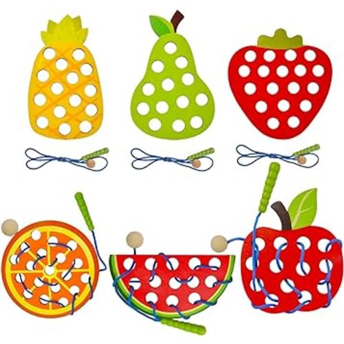 ECam Pcs] Lacing Toy Toddlers, Wooden Threading Toys, Educational and Learning Montessori Activity Baby and Kids, Fine Motor Skill Toys, Apple Pear Strawberry Watermelon Orange Pineapple Multi Color