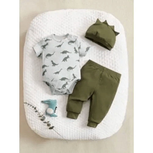 SHEIN Newborn Baby Dinosaur Print Bodysuit & Pants & Hat