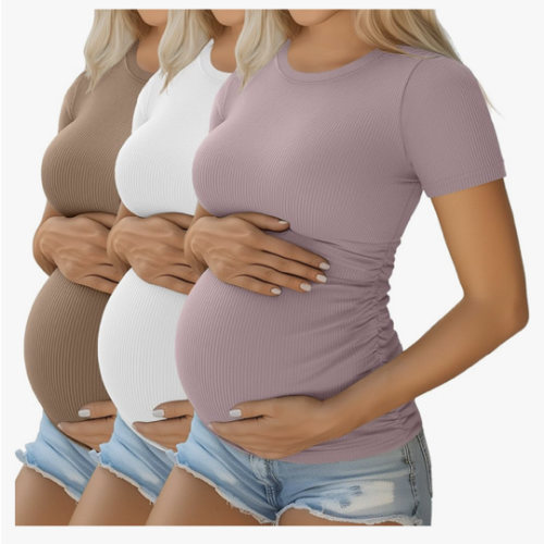 Ficerd 3 Pack Women's Maternity Shirts Cotton Short Sleeve Pregnancy Tops Side Ruched Ribbed Casual Mama tees Clothes