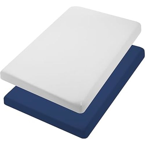 TILLYOU Mini Crib Fitted Sheets 2 Pack - Soft Jersey Knit Microfiber Playpen Bedding Sheet for Baby, Portable Mini Pack n Play Sheet, Machine Washable, 38'' x 24'',Light Gray & Navy Blue