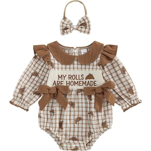 Kayotuas Baby Girl Smocked Thanksgiving/Christmas Outfit Gingham Plaid Letter Embroidery Long Sleeve Romper Bodysuit Headband