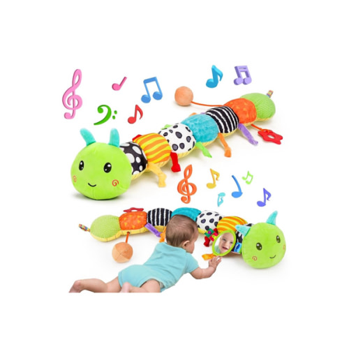 Baby Sensory Toy 0-6 Month Music Animal Stuffed Plush Caterpillar Toy for Infant 0-3-6 Month Tummy Time with Baby Mirror Crinkle Rattle for 6-12 Month Carseat Toys for Newborn Boys Girls Shower Gifts