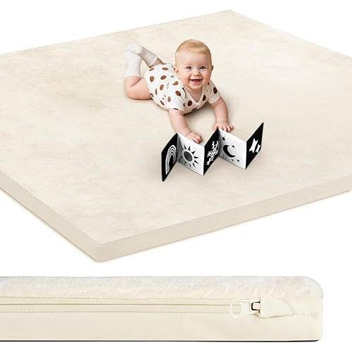 Baby Play Mat, Leather & Velvet Mat, Double-Sided/Reversible Mat, 50x50 Playpen Mat, 1.3" Thick Non-Toxic Cushioned, Waterproof Soft Crawling Mat for Infants and Toddlers, Beige