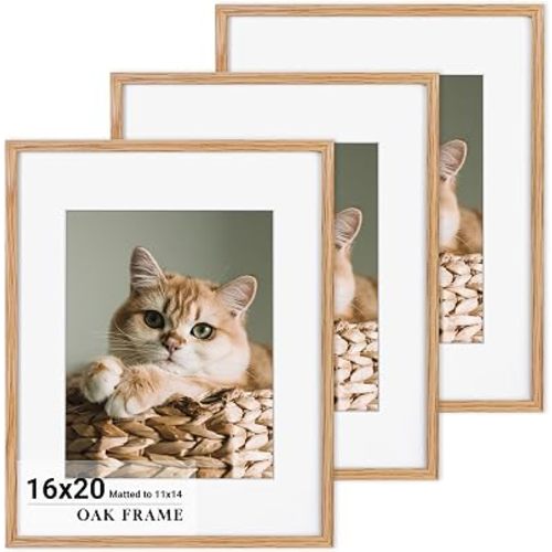 16x20 Picture Frame for wall,Premium Natural Solid Wooden Poster Frames Mat for 11x14 Picture & Tempered Glass,Art Photo and Wall Decor,Vertical or Horizontal Wall Hanging-Natural Oak 3 Packs