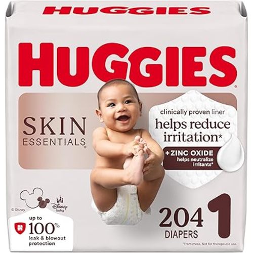 Huggies Size 1 Diapers, Skin Essentials Baby Diapers, Size 1 (8-14 lbs), 204 Count (3 Packs of 68), Packaging May Vary