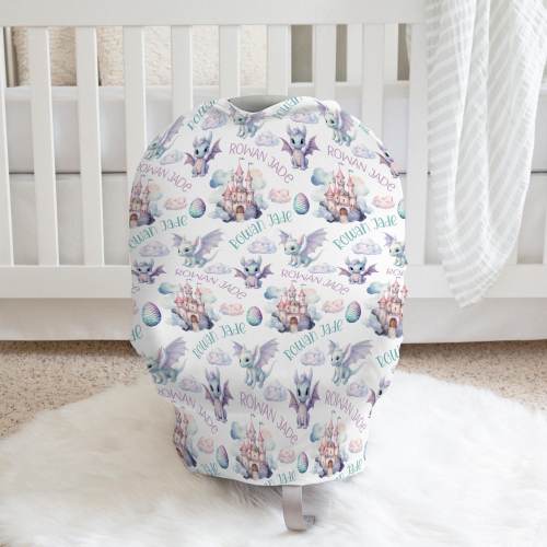 GIRL DRAGON BABY Car Seat Canopy, Purple Dragon Nursing Cover, Personalized Baby Seat Cover, Dragon Baby Gift, Infant Girl Dragon Crib Sheet