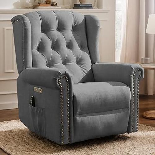 VIVIJASON Power Swivel Rocking Recliner Chair with Massage & Heat, Electric Rocker Glider Chair for Nursery, Wingback Tufted Upholstered Recliner W/Type-C & USB Ports for Living Room, Bedroom, Grey