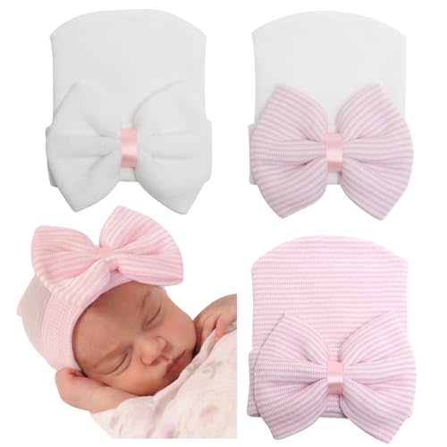 AQOKKA Newborn Baby Girl Hats with Bow No Scratch Cotton Toddler Infant Beanie Caps Soft Newborn Hospital Hat 0-3 Months