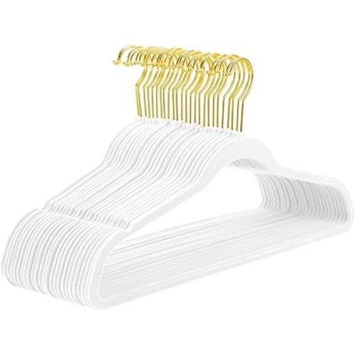 MIZGI Premium Velvet Hangers - 40 Pcs Heavy Duty, Non Slip Felt, Space Saving, White with Gold Hooks