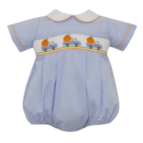 Boy's Pumpkin Truck Smocked Blue Gingham Bubble- 9M