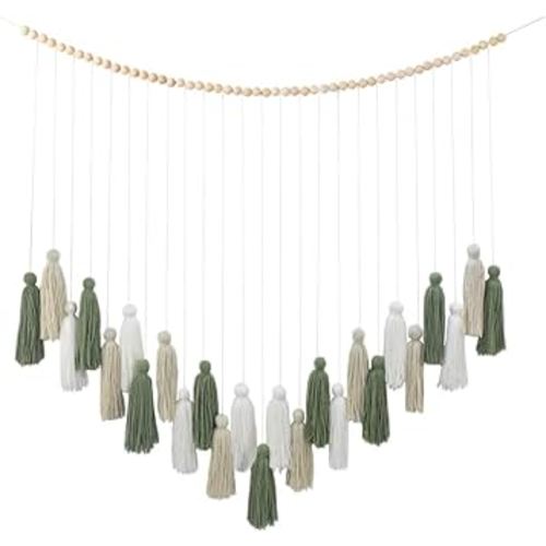 DrCor Sage Green Boho Tassel Garland – Neutral Wall Hanging for Living Room, Bedroom, or Reading Corner, Dorm Room or Entryway Decor, Baby Shower, Birthday Party or Cozy Farmhouse Decoration