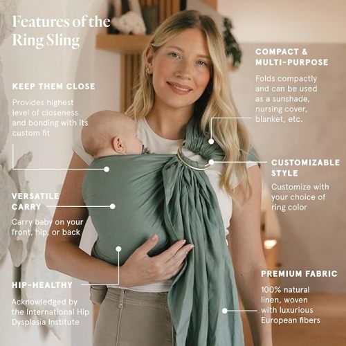 WildBird - Ring Sling Baby Carrier - 0-36 Months (up to 35 lbs) - Standard (74") Acadian & Bronze Ring - Front, Hip or Back Carry - Adjustable Fit - Natural Linen - Baby Essentials - New Mom Gifts