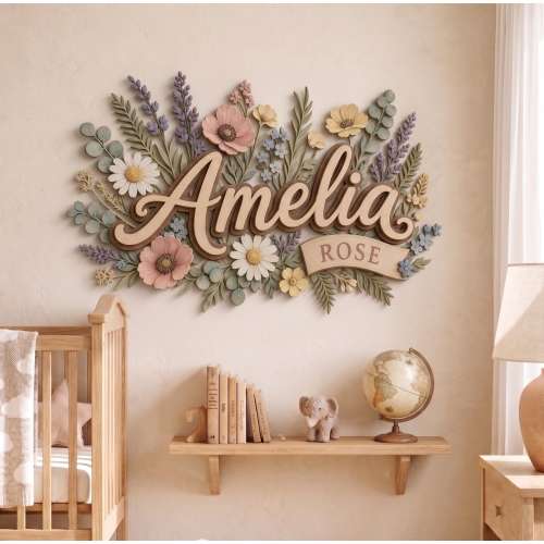Vintage 3D Wood Baby Name Sign, Floral Nursery Sign Decor, Personalized Wildflower Name Sign, Floral Kids Name Plaque, Boho Baby Girl Room