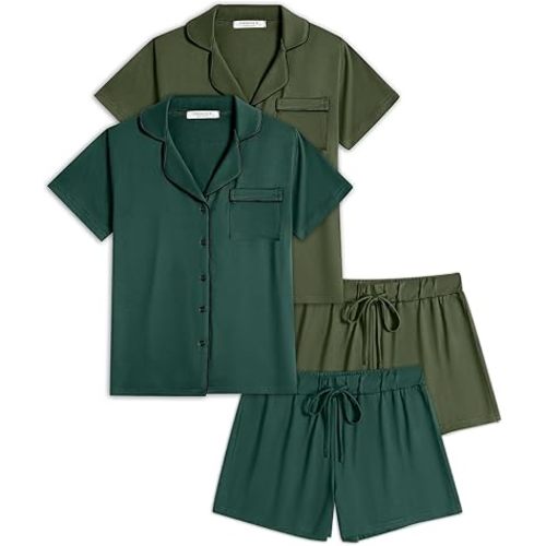 Ekouaer 2 Pack Womens Pajamas Set Button Down Summer Sleepwear Short Sleeve Comfy Pjs Loungewear Set