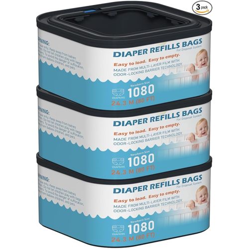 Jumbo+ Square Refills Disposal Bags Refill Compatible with Diaper Genie Classic, Compact, Premier and Select Pails, Hold Up to 1080 Newborn-Sized Diapers Per Refill, 3 Pack