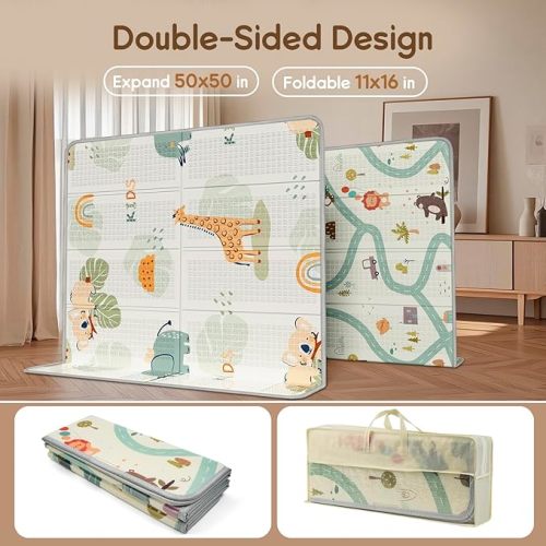 Foldable Baby Play Mat, PIGLOG 50x50 Playpen Mat, Waterproof Playmats for Babies and Toddlers Kids, Safe Foam Playmat for Tummy Time, Reversible Portable Baby Floor Mat for Infant, Giraffe + Elephant