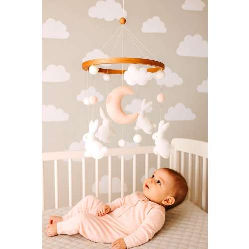 Felt Bunny Baby Mobile: Whimsical Nursery Decor with Clouds & Pom Poms