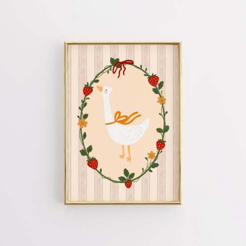 Goose and Strawberry Wall Art - Cottagecore Nursery Print