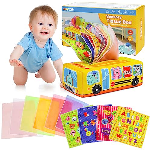 OKOOKO Tissue Box Toy for Baby 6 to 12 Months - Soft Stuffed Sensory Toy to Strengthen Pincer Grasp - Montessori Early Educational Preschool Learning for Newborn Infant Toddler Kid
