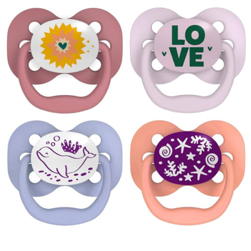 Dr. Brown's Advantage Glow-in-the-Dark Baby Pacifier, Fully Symmetrical Soother with Soft Silicone Bulb, Lavender Love-Coral Ocean, 0-6m, BPA Free, 4 Pack