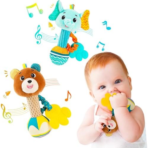 Baby rattles 0-6 months, Set of 2 rattles for babies 0-6 months, Soft Stuffed Animal Rattle Hand Grip Baby Toys, baby rattle Shaker Crinkle Squeaky Sensory Travel Accessories for 0 3 6 9 12 Months old
