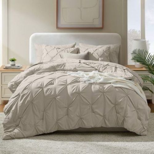 Nestl Bed in a Bag Pinch Pleat, 7 Piece King Size Bedding Set - Beige