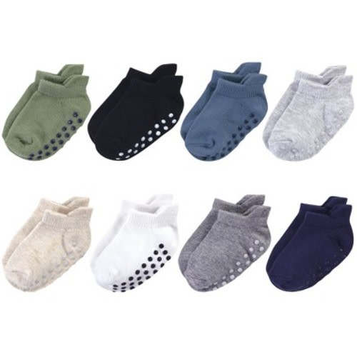 Touched by Nature Baby and Toddler Boy Organic Cotton Socks with Non-Skid Gripper for Fall Resistance, Solid Blue Black, 6-12 Months