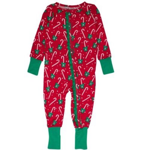 RuffleButts SoftSnooze Baby Girls Holiday Convertible Ruffle One Piece Pajama - Candy Cane Cutie, 0-3m