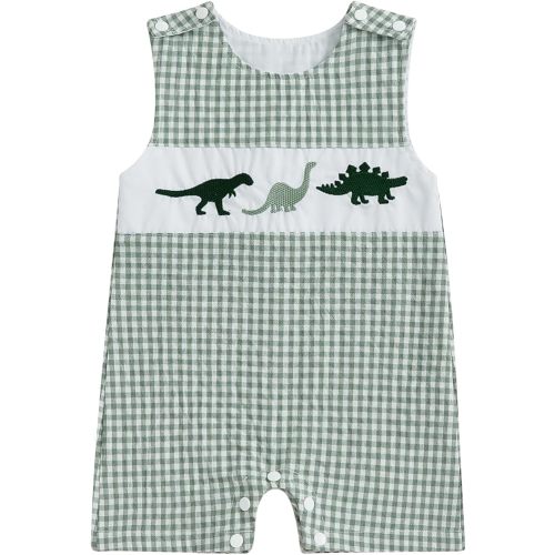 Newborn Baby Boys Sleeveless Seersucker Romper One Piece Straps Overalls Striped Jumpsuit Summer Smocked Clothes
