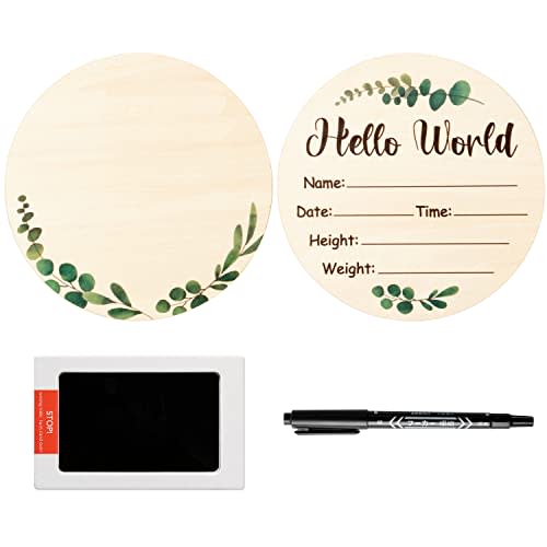 R HORSE Baby Birth Announcement Sign with Marker Pen, Greenery Eucalyptus Baby Name Sign with Ink Pad for Hand and Footprints, Wooden Hello World Newborn Announcement Nursery Decor Keepsake Gifts