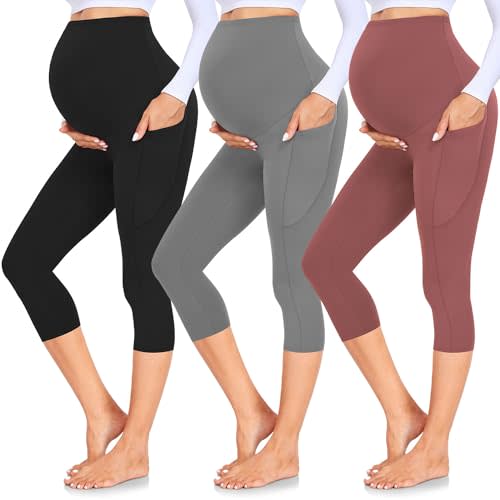 GROTEEN 3 Pack Women's Maternity Leggings with Pockets Over The Belly Workout Yoga Pregnancy Pants