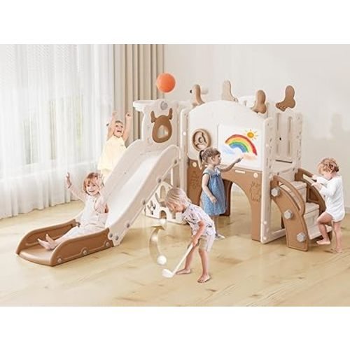 XJD Toddler Slide,12 in 1 Kids Slide for Toddlers 1-3, New Upgrade with Golf Set, Basketball Hoop, Drawing Board for Indoor Outdoor Playset,Toddler Playground (Brown)