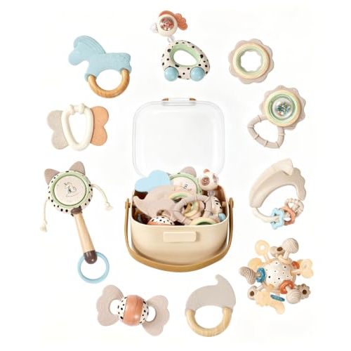 Baby Teething Toys 0-6 Months, 10-Piece Rattles & Teethers Set, Infant Sensory Toys, BPA-Free Baby Teethers with Easy-Grip Shapes, Gentle Sounds & Storage Box, Gender-Neutral Newborn Gift