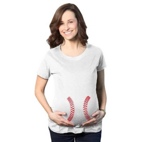 Maternity Baseball Laces Pregnancy T Shirt Novelty Sports Baby Bump Tee - Crazy Dog Maternity T Shirt for Baseball Fan White XL