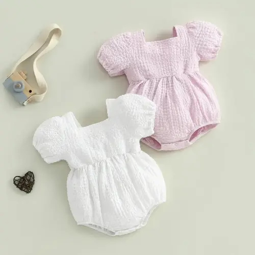 Baby Girl Bubble Romper Casual Short Puff Sleeve Square Neck | Holiday Sales TikTok Shop