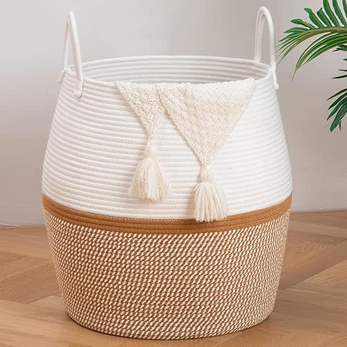 OIAHOMY 80L Blanket Basket with Handle, Storage Basket for Living Room, Laundry Hamper for Clothes, Towels, Pillows, Toy Storage for Kids and Dogs, Baby Hamper for Nursery - Brown & White