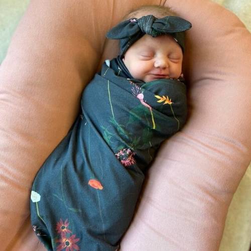 Emo Baby Clothes, Dark Florals Swaddle with Matching Headband or Hat, Vertical Floral Sprigs on Charcoal Black, Delicate soft newborn wrap