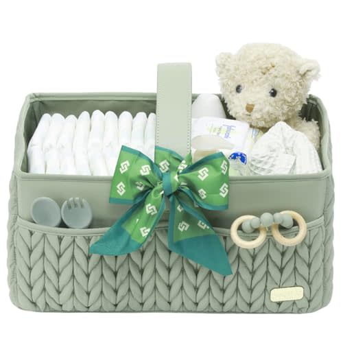LUKJOJO Luxurious Baby Diaper Caddy, Nursery Storage Basket for Newborn Essentials, Travel Baby Basket for Diapers Baby Wipes, Organizer Tote Bag Storage Bin, Baby Shower Gifts(Sage Green)